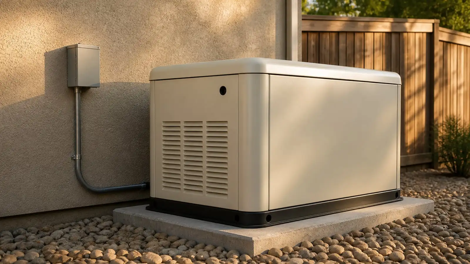 A standby home generator installed on a concrete pad beside a house.